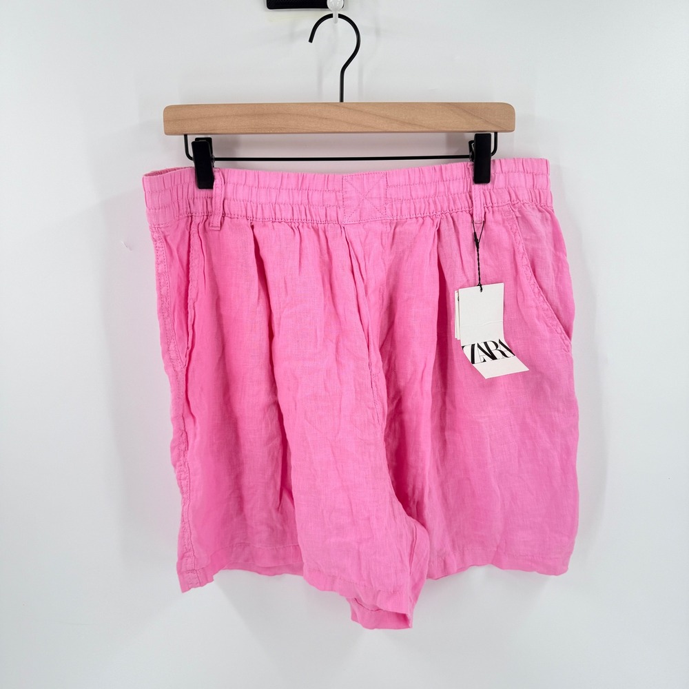 Zara Linen Shorts Pink XL High Rise Elastic Waist Summer Beach Casual
